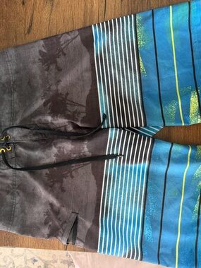 Men's Blue and Gray Striped Board Shorts